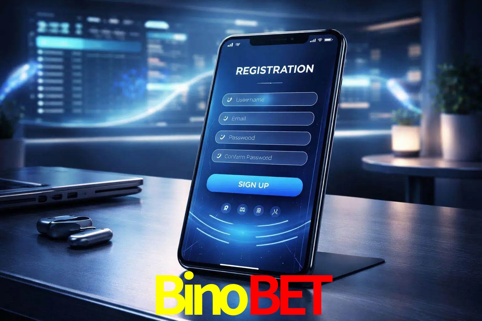 Una interfaz moderna de registro móvil para Binobet mostrada en un smartphone con un panel de apuestas elegante.
